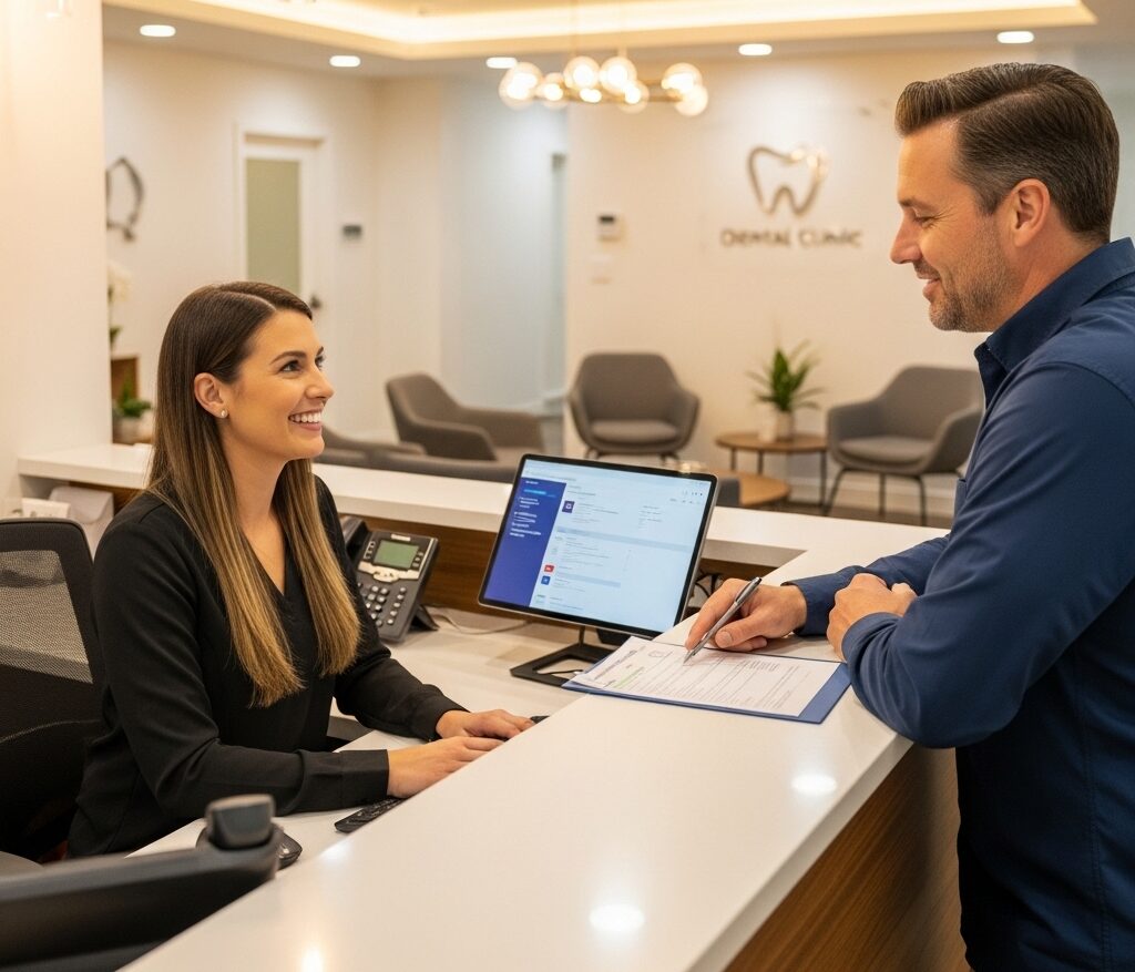 Dental staff explaining cleaning costs and direct insurance billing to a patient