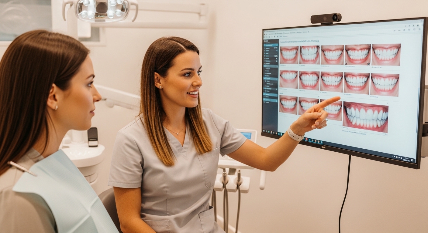 Dentist showing smile mock-up planning to patient before cosmetic dentistry treatment.