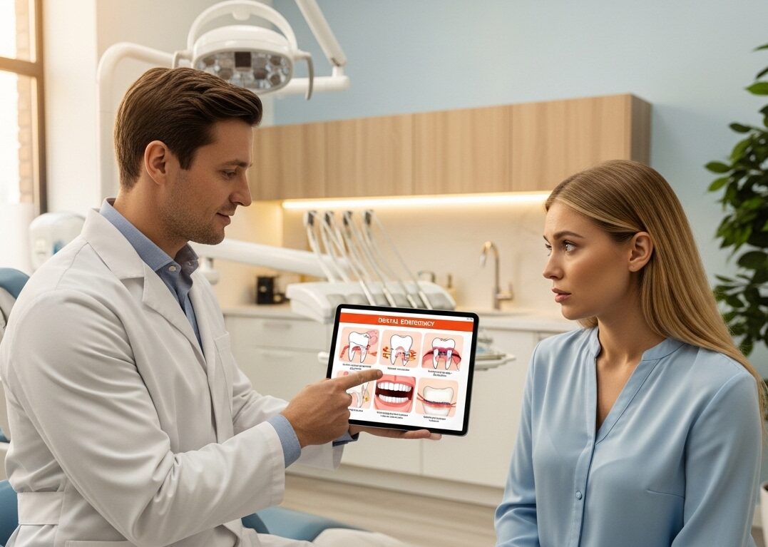 Dentist explaining signs of a dental emergency to a patient during consultation