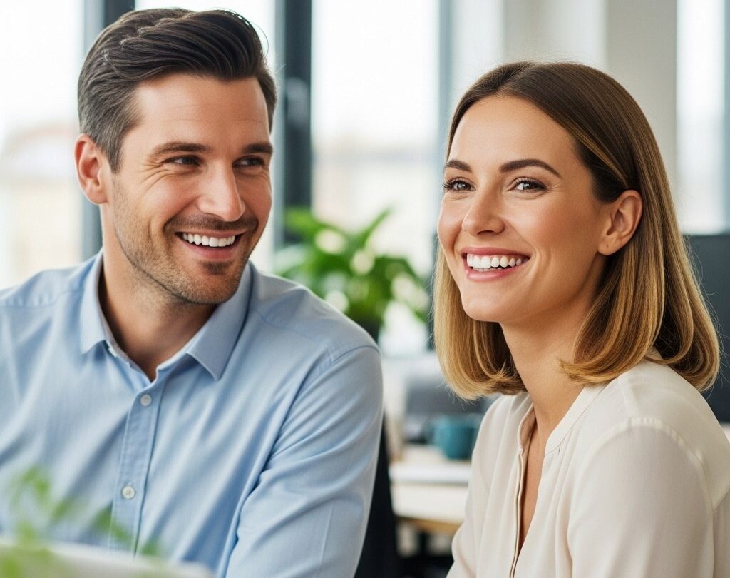 Adult smiling confidently with nearly invisible clear aligners for discreet orthodontic treatment in Edmonton