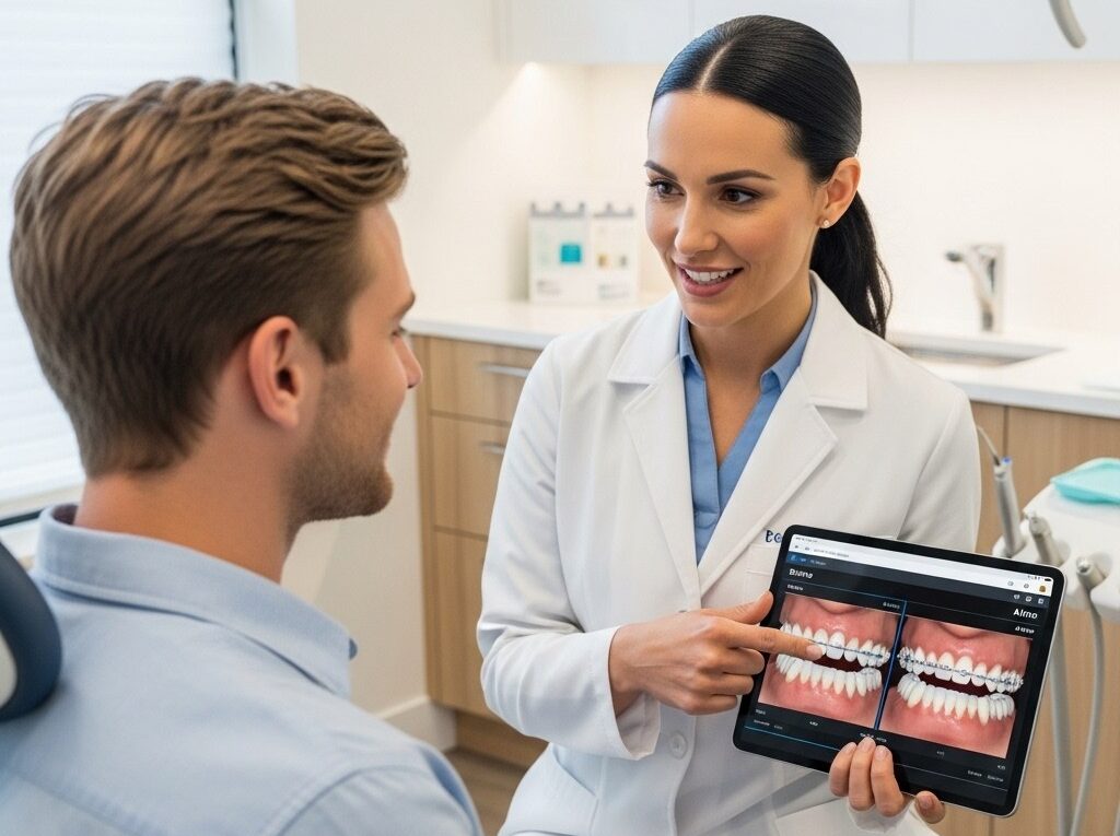 Dentist showing orthodontic treatment results using digital teeth alignment simulation