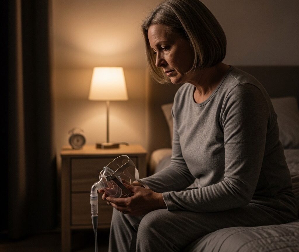 Adult patient considering CPAP treatment for sleep apnea in Edmonton bedroom setting