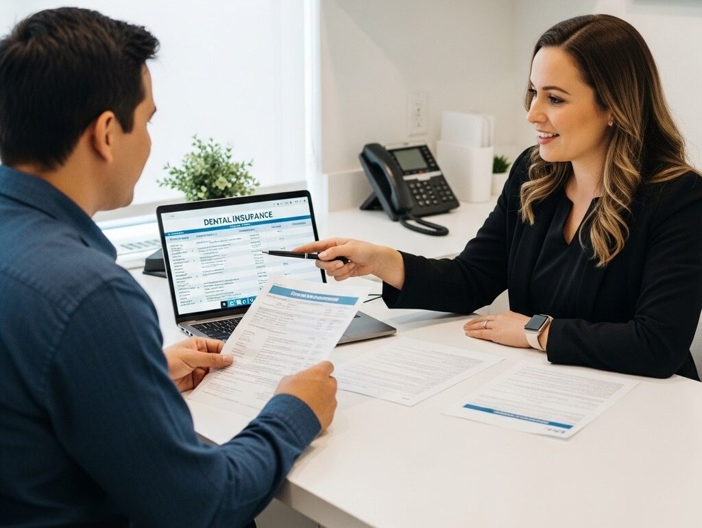 Patient discussing insurance coverage and treatment costs with clinic staff during a dental consultation
